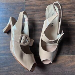 Anyi Lu Nude Patent Leather Slingback Peep Toe Mary Jane Heels